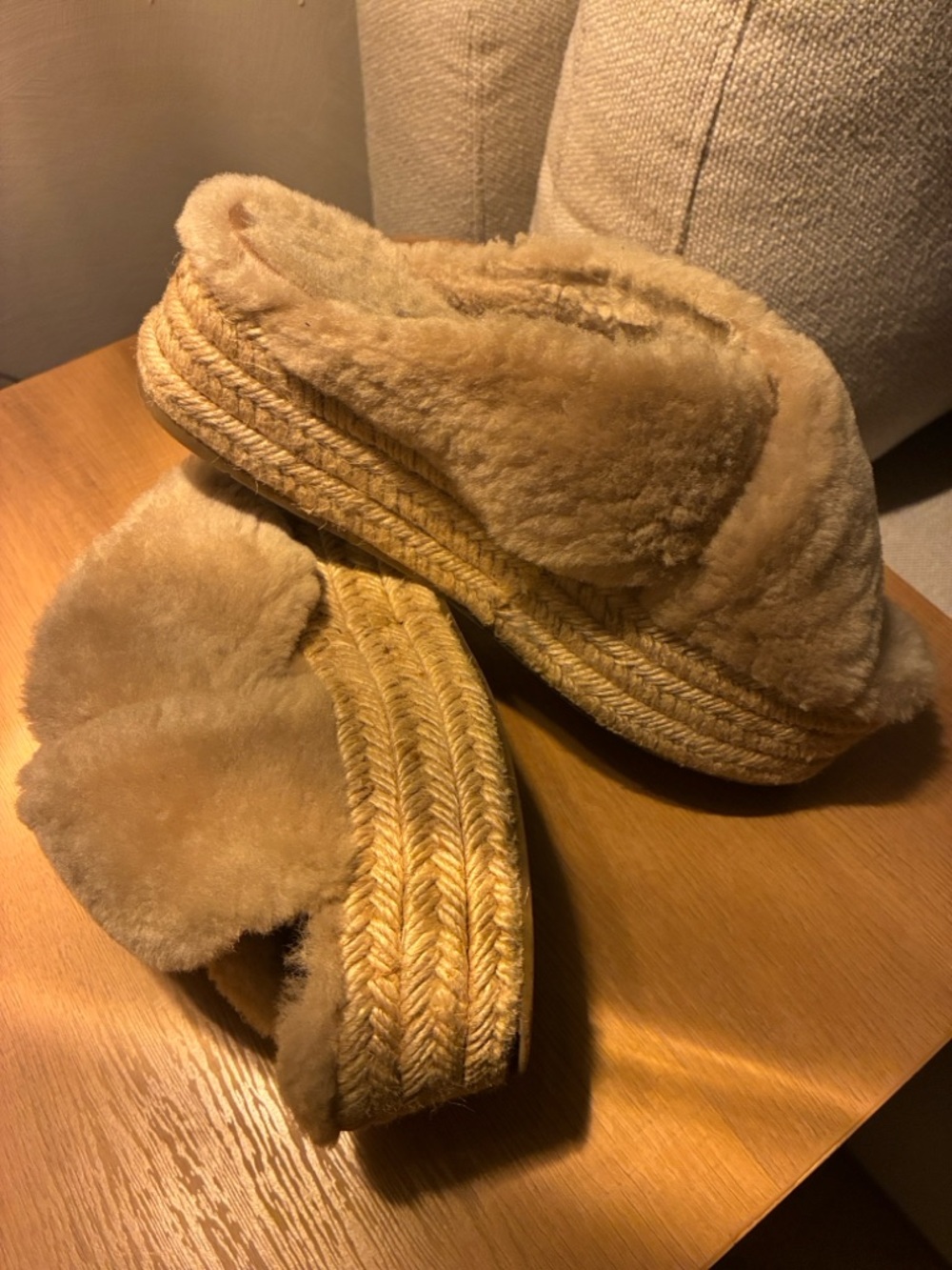 Miu Miu Tan Shearling Espadrille Slide Sandals